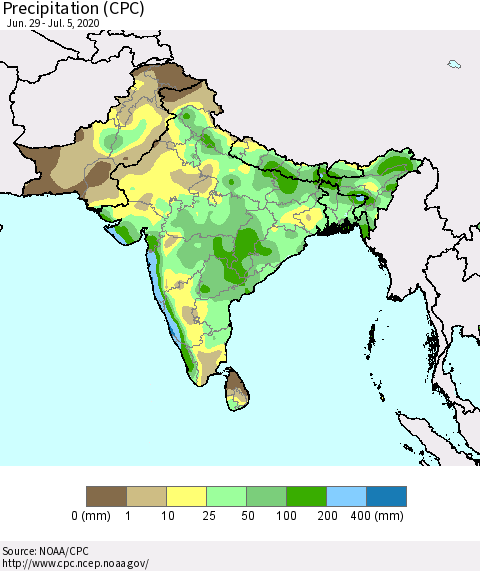 Southern Asia Precipitation (CPC) Thematic Map For 6/29/2020 - 7/5/2020