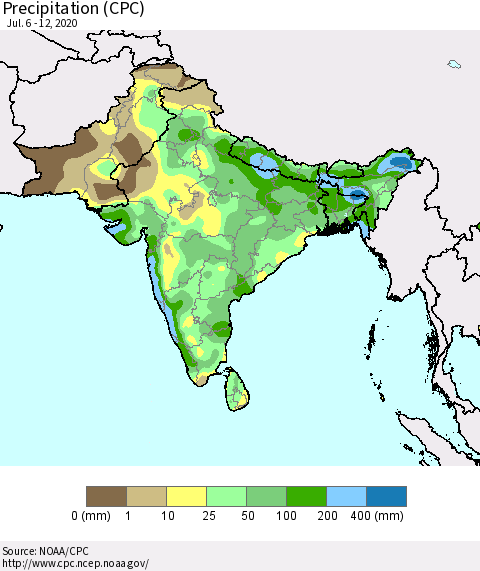 Southern Asia Precipitation (CPC) Thematic Map For 7/6/2020 - 7/12/2020