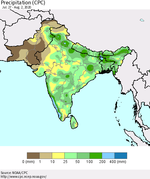 Southern Asia Precipitation (CPC) Thematic Map For 7/27/2020 - 8/2/2020