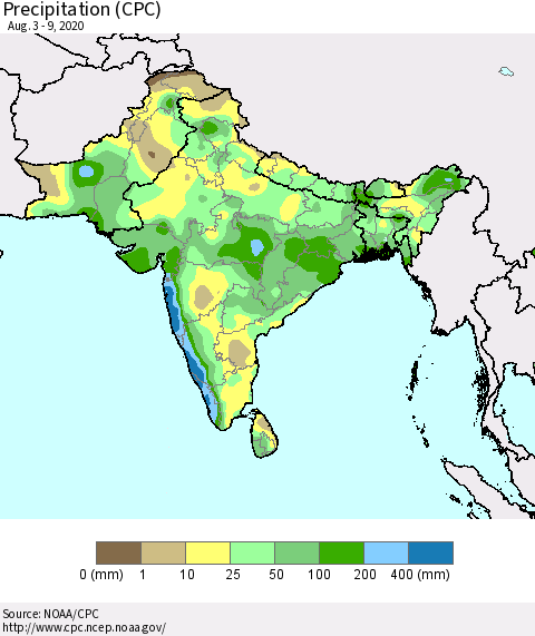 Southern Asia Precipitation (CPC) Thematic Map For 8/3/2020 - 8/9/2020