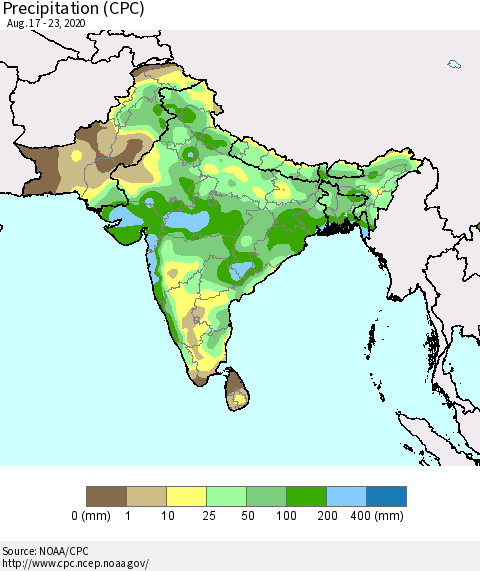 Southern Asia Precipitation (CPC) Thematic Map For 8/17/2020 - 8/23/2020