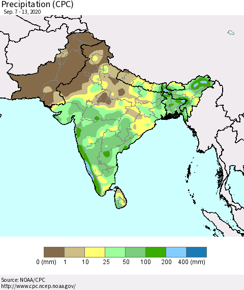 Southern Asia Precipitation (CPC) Thematic Map For 9/7/2020 - 9/13/2020