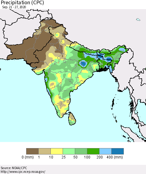 Southern Asia Precipitation (CPC) Thematic Map For 9/21/2020 - 9/27/2020