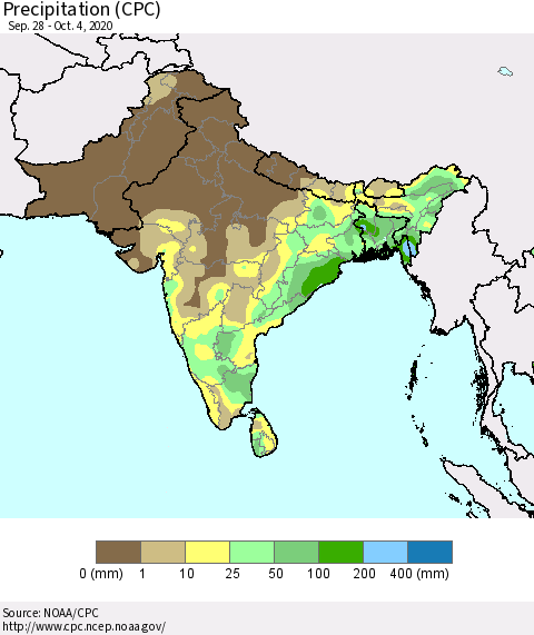 Southern Asia Precipitation (CPC) Thematic Map For 9/28/2020 - 10/4/2020