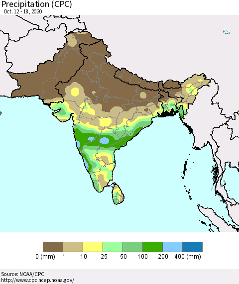Southern Asia Precipitation (CPC) Thematic Map For 10/12/2020 - 10/18/2020