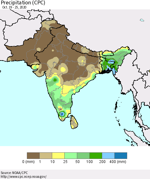 Southern Asia Precipitation (CPC) Thematic Map For 10/19/2020 - 10/25/2020