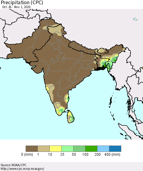 Southern Asia Precipitation (CPC) Thematic Map For 10/26/2020 - 11/1/2020