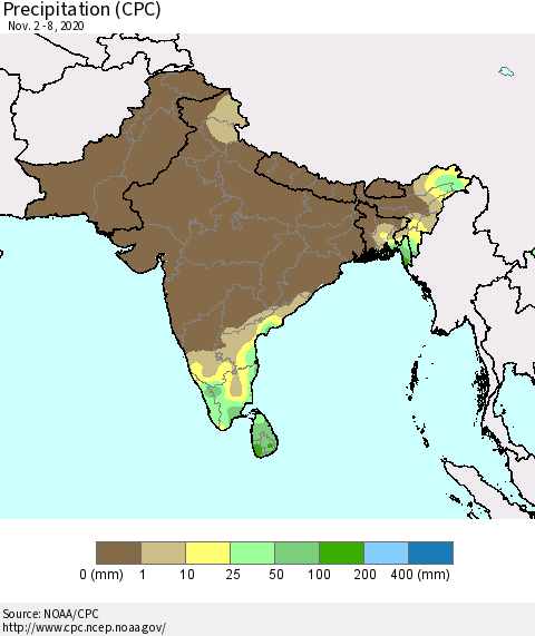 Southern Asia Precipitation (CPC) Thematic Map For 11/2/2020 - 11/8/2020