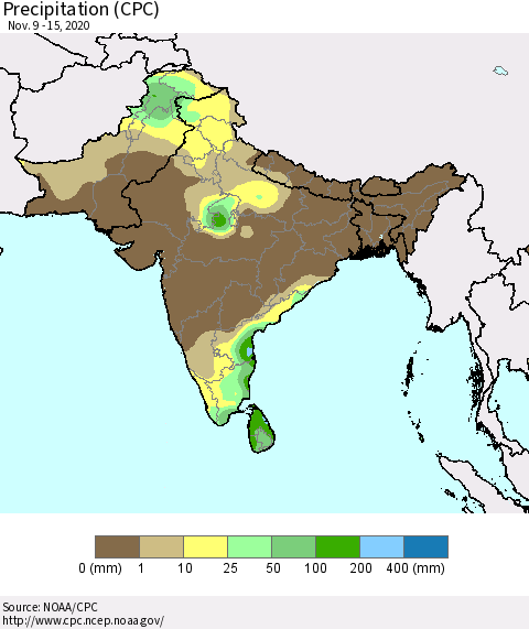 Southern Asia Precipitation (CPC) Thematic Map For 11/9/2020 - 11/15/2020