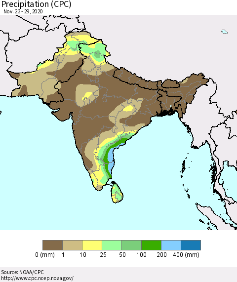 Southern Asia Precipitation (CPC) Thematic Map For 11/23/2020 - 11/29/2020