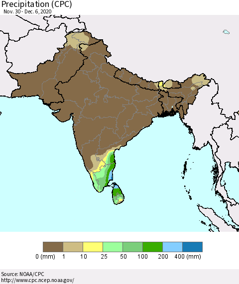 Southern Asia Precipitation (CPC) Thematic Map For 11/30/2020 - 12/6/2020