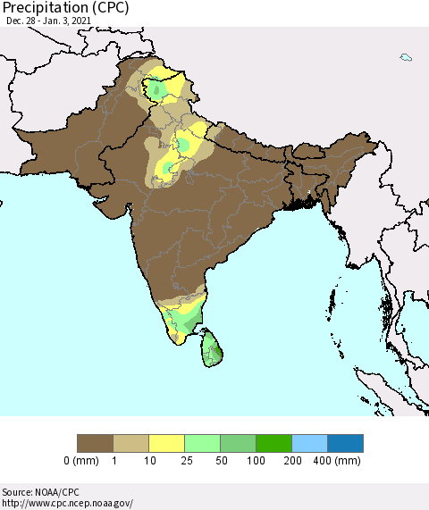 Southern Asia Precipitation (CPC) Thematic Map For 12/28/2020 - 1/3/2021