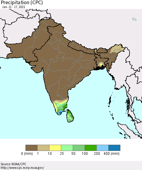 Southern Asia Precipitation (CPC) Thematic Map For 1/11/2021 - 1/17/2021