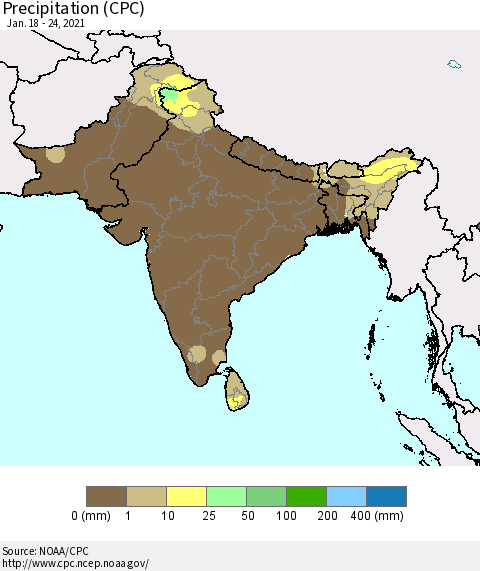 Southern Asia Precipitation (CPC) Thematic Map For 1/18/2021 - 1/24/2021