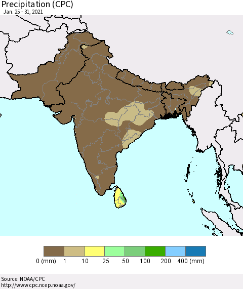 Southern Asia Precipitation (CPC) Thematic Map For 1/25/2021 - 1/31/2021