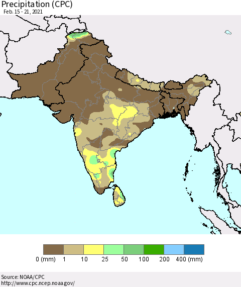 Southern Asia Precipitation (CPC) Thematic Map For 2/15/2021 - 2/21/2021