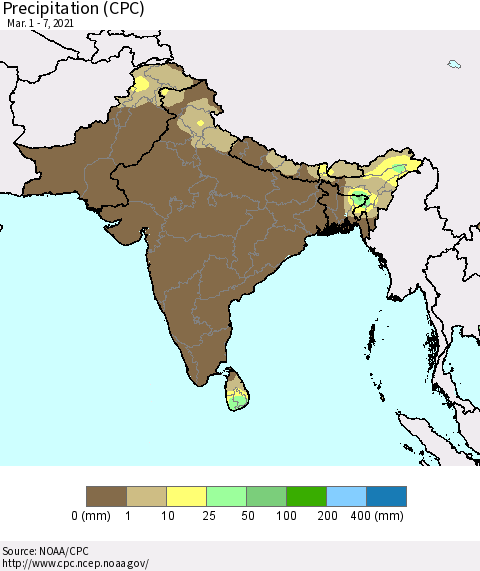 Southern Asia Precipitation (CPC) Thematic Map For 3/1/2021 - 3/7/2021