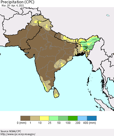 Southern Asia Precipitation (CPC) Thematic Map For 3/29/2021 - 4/4/2021