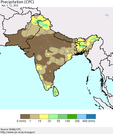 Southern Asia Precipitation (CPC) Thematic Map For 4/5/2021 - 4/11/2021