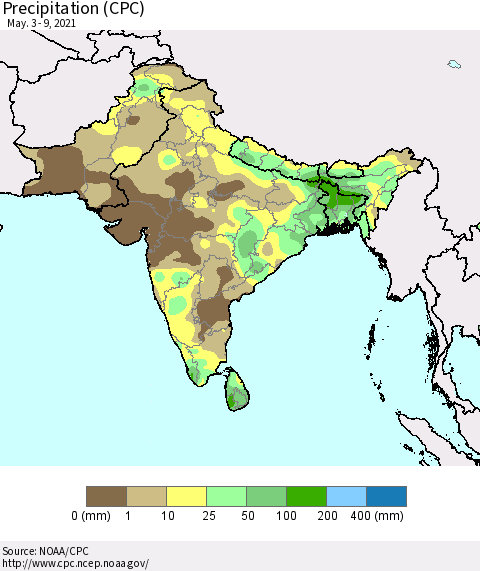 Southern Asia Precipitation (CPC) Thematic Map For 5/3/2021 - 5/9/2021