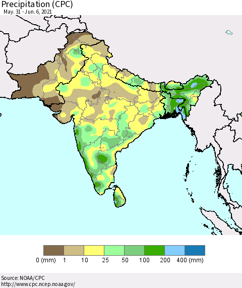 Southern Asia Precipitation (CPC) Thematic Map For 5/31/2021 - 6/6/2021