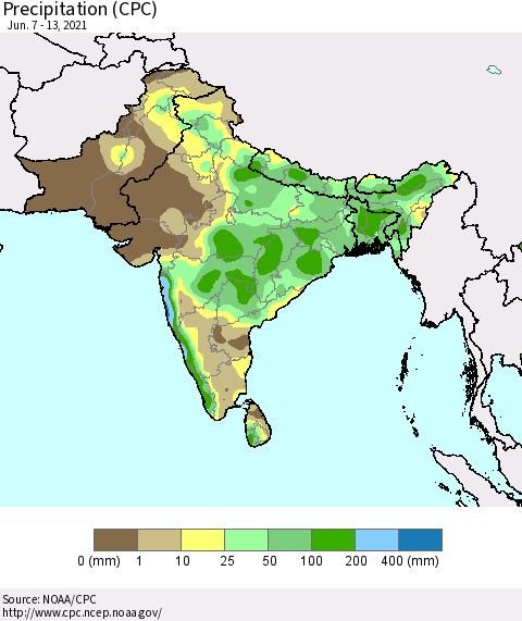 Southern Asia Precipitation (CPC) Thematic Map For 6/7/2021 - 6/13/2021