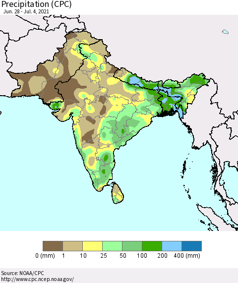 Southern Asia Precipitation (CPC) Thematic Map For 6/28/2021 - 7/4/2021