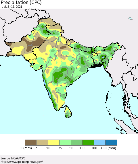 Southern Asia Precipitation (CPC) Thematic Map For 7/5/2021 - 7/11/2021