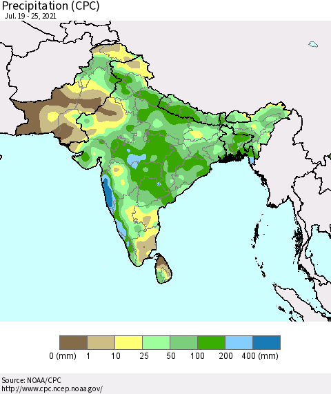 Southern Asia Precipitation (CPC) Thematic Map For 7/19/2021 - 7/25/2021
