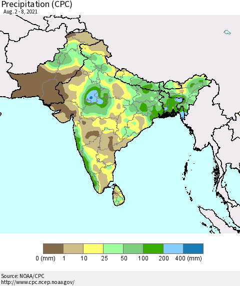 Southern Asia Precipitation (CPC) Thematic Map For 8/2/2021 - 8/8/2021