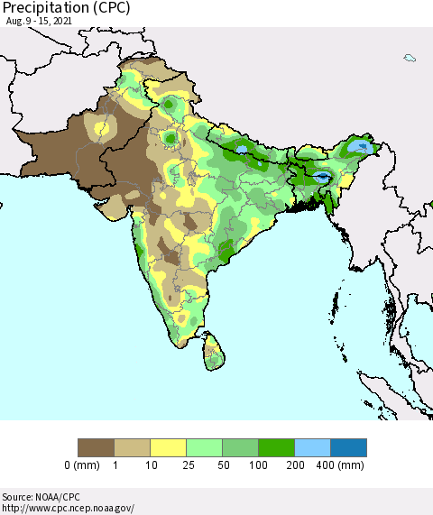 Southern Asia Precipitation (CPC) Thematic Map For 8/9/2021 - 8/15/2021