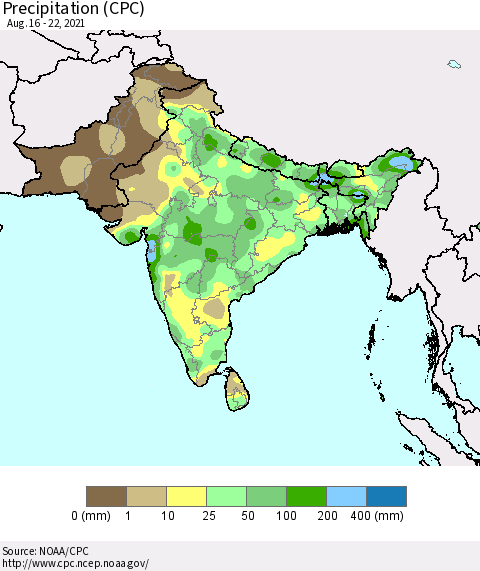 Southern Asia Precipitation (CPC) Thematic Map For 8/16/2021 - 8/22/2021