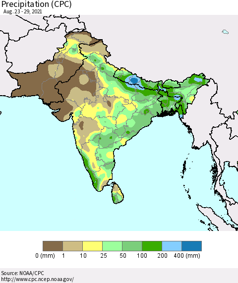 Southern Asia Precipitation (CPC) Thematic Map For 8/23/2021 - 8/29/2021