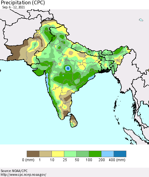 Southern Asia Precipitation (CPC) Thematic Map For 9/6/2021 - 9/12/2021