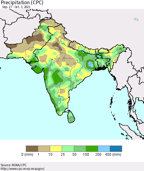 Southern Asia Precipitation (CPC) Thematic Map For 9/27/2021 - 10/3/2021