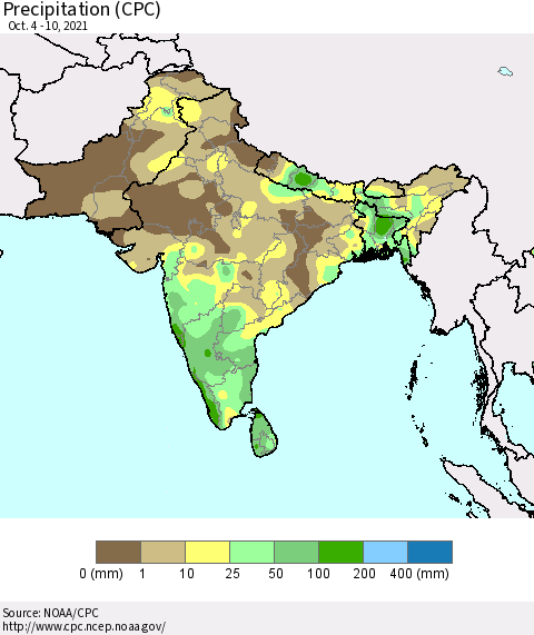 Southern Asia Precipitation (CPC) Thematic Map For 10/4/2021 - 10/10/2021