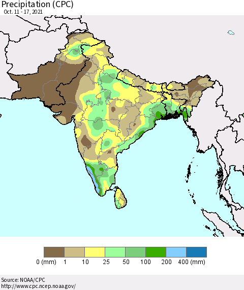 Southern Asia Precipitation (CPC) Thematic Map For 10/11/2021 - 10/17/2021