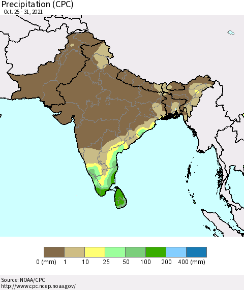 Southern Asia Precipitation (CPC) Thematic Map For 10/25/2021 - 10/31/2021