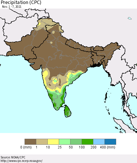 Southern Asia Precipitation (CPC) Thematic Map For 11/1/2021 - 11/7/2021