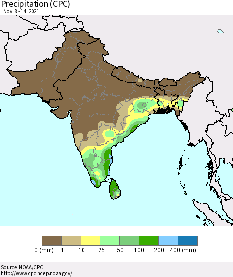 Southern Asia Precipitation (CPC) Thematic Map For 11/8/2021 - 11/14/2021