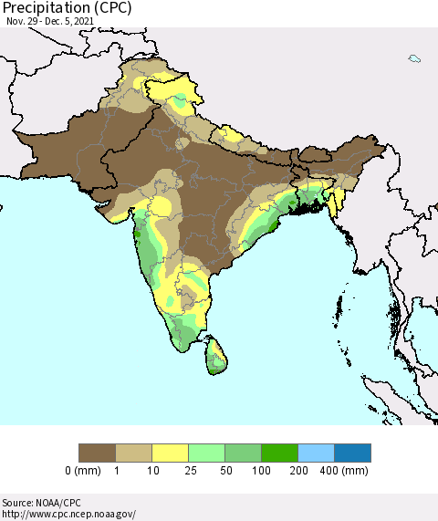 Southern Asia Precipitation (CPC) Thematic Map For 11/29/2021 - 12/5/2021