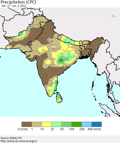 Southern Asia Precipitation (CPC) Thematic Map For 12/27/2021 - 1/2/2022