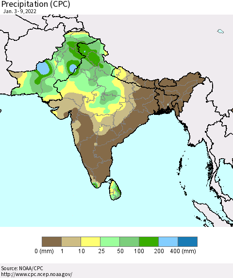Southern Asia Precipitation (CPC) Thematic Map For 1/3/2022 - 1/9/2022