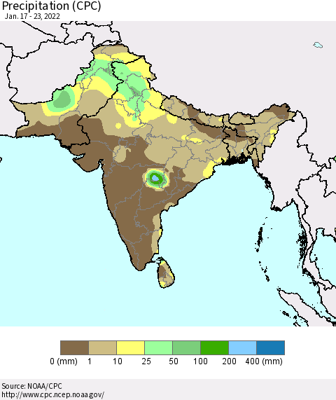 Southern Asia Precipitation (CPC) Thematic Map For 1/17/2022 - 1/23/2022