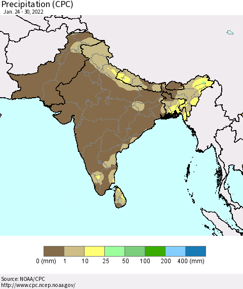 Southern Asia Precipitation (CPC) Thematic Map For 1/24/2022 - 1/30/2022