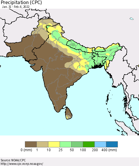 Southern Asia Precipitation (CPC) Thematic Map For 1/31/2022 - 2/6/2022