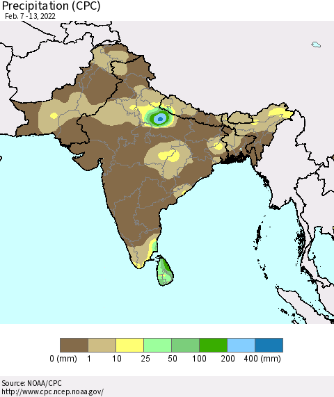 Southern Asia Precipitation (CPC) Thematic Map For 2/7/2022 - 2/13/2022