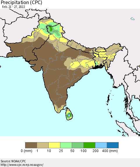Southern Asia Precipitation (CPC) Thematic Map For 2/21/2022 - 2/27/2022