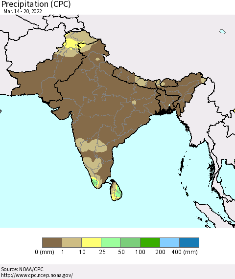 Southern Asia Precipitation (CPC) Thematic Map For 3/14/2022 - 3/20/2022