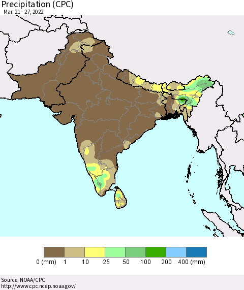 Southern Asia Precipitation (CPC) Thematic Map For 3/21/2022 - 3/27/2022